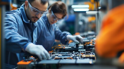Poster - workers assembling electronic circuits in a modern manufacturing facility during the day
