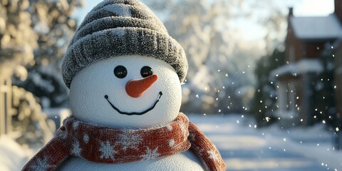 Poster - A snowman with a hat and scarf is smiling. The snow is falling around him, creating a cozy and festive atmosphere