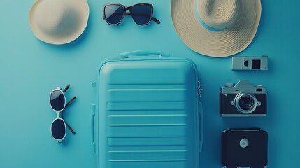 Poster - baggage travel. Blue suitcase with travel accessories such as sunglasses, hat and camera on light blue background.  