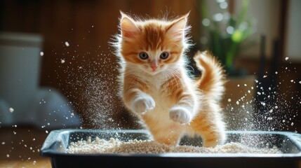 Poster - An adorable image of a kitten playfully kicking litter out of the box, with its fur flying and a playful expression, highlighting the energetic spirit of young cats.