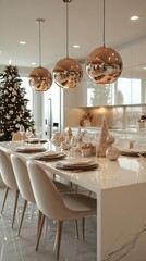 Poster - A large, modern kitchen with a Christmas tree in the background