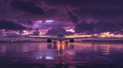 Wall Mural - Airliner ready for departure on reflective wet runway. Twilight skies over airport create a tranquil flight scene. Aircraft poised for night travel under violet clouds.  