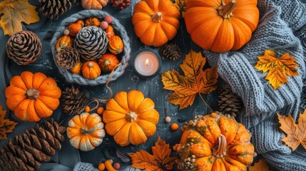 Wall Mural - A table topped with pumpkins and pine cones