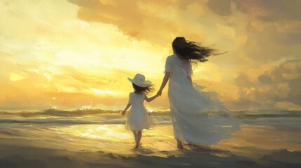 Poster - A young girl and mother in white attire and a hat stroll barefoot on the beach at sunset, with hair blowing in the wind. 