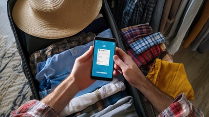 Poster - A traveler's hands holding a smartphone with a mobile boarding pass on the screen, poised over an open suitcase packed with a variety of clothes including plaid shirts and a hat. 