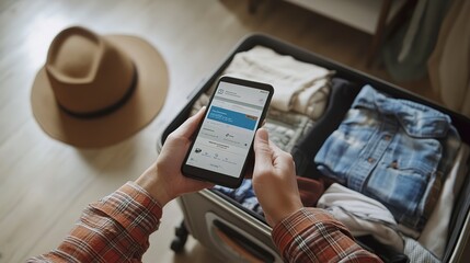 Poster - A traveler's hands holding a smartphone with a mobile boarding pass on the screen, poised over an open suitcase packed with a variety of clothes including plaid shirts and a hat. 