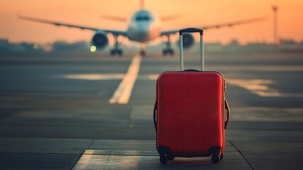 Sticker - A suitcase on a runway with blurred airplane in the background. Business travel concept. Travel background.  