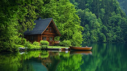 Canvas Print - A serene lakeside scene featuring a cabin, boat, and lush greenery. 