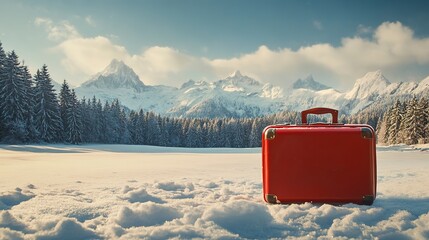 Poster - A red suitcase sitting on top of a snow covered field. Mountains and trees on winter background.  