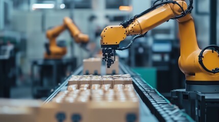 Poster - industrial robotic arm sorting packages on an assembly line in a modern warehouse during the daytime