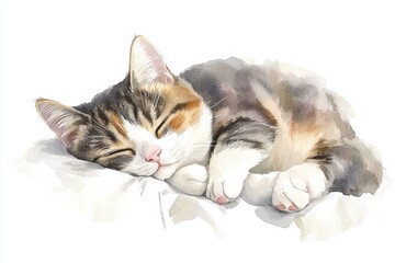 Aufkleber - A cozy cat peacefully sleeping on a soft bedspread against a serene white background during the afternoon. Generative AI