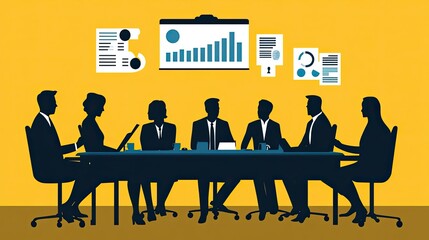 Poster - Silhouetted Business People Meeting Around Table With Charts and Graphs