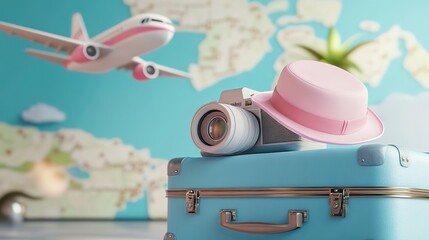 Canvas Print - A blue suitcase with a pink and white airplane on top of it, 3D render of travel elements suitcase and hat, camera with map background, plane flying in the sky 