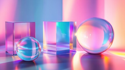 Abstract 3D shapes with holographic textures and colorful light refractions, set against