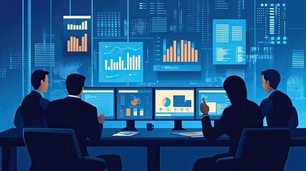 Poster - Four Business Professionals Analyzing Data on Monitors