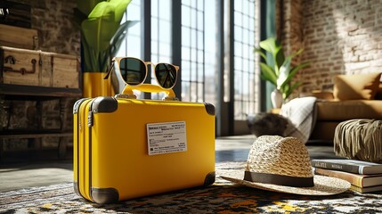 Wall Mural - 3d render of yellow suitcase with sunglasses, hat and plane ticket 