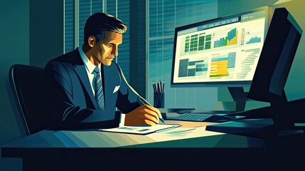 Poster - A Businessman Working Late at Night Analyzing Charts and Data