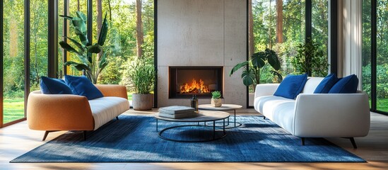 Poster - Modern living room with fireplace and large windows overlooking a lush green forest.