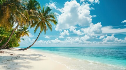 Poster - Beautiful tropical beach with white sand, palm trees, turquoise ocean against blue sky with clouds on sunny summer day. 