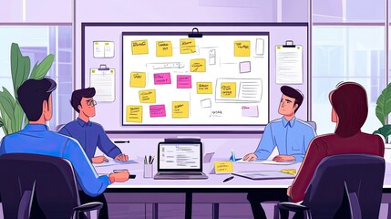 Poster - Three colleagues working together in an office, brainstorming ideas and reviewing documents.