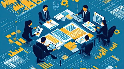 Poster - A group of business people in suits sit around a table, analyzing graphs and diagrams on laptops.