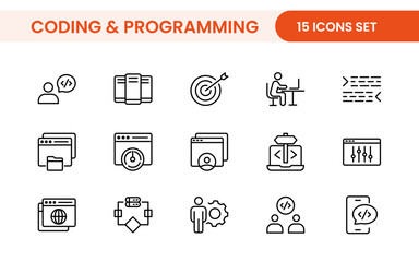 Programming coding set of web icons in line style. Software development icons for web and mobile app. Code, api, programmer, developer, information technology, coder and more.