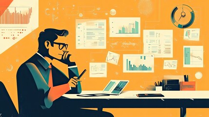 Poster - A Businessman Analyzes Data Graphs and Charts at His Desk