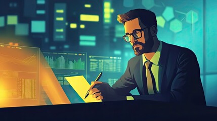 Poster - A Businessman Analyzing Data and Taking Notes in a Modern Office