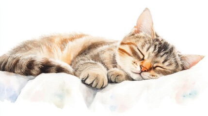 Aufkleber - A fluffy tabby cat peacefully sleeping on a soft bedspread with a white background during a calm afternoon. Generative AI