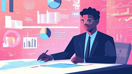 Poster - Businessman Analyzing Data Charts and Graphs in Office