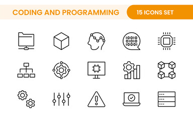 Programming coding set of web icons in line style. Software development icons for web and mobile app. Code, api, programmer, developer, information technology, coder and more.