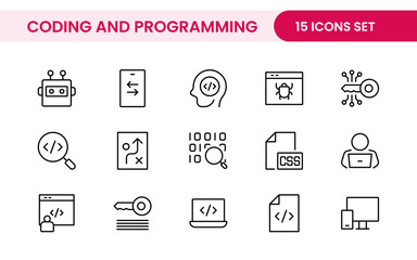 Programming coding set of web icons in line style. Software development icons for web and mobile app. Code, api, programmer, developer, information technology, coder and more.