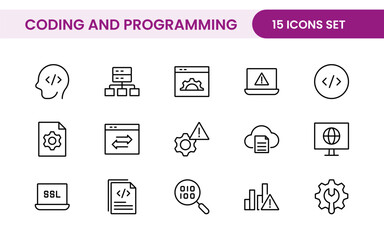 Programming coding set of web icons in line style. Software development icons for web and mobile app. Code, api, programmer, developer, information technology, coder and more.