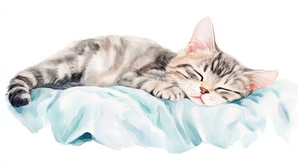 Poster - A content sleeping cat nestled on a soft bedspread, peacefully resting against a simple white background. Generative AI