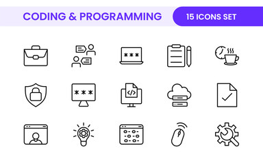 programming coding set of web icons in line style. software development icons for web and mobile app