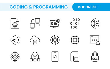 Programming coding set of web icons in line style. Software development icons for web and mobile app. Code, api, programmer, developer, information technology, coder and more.