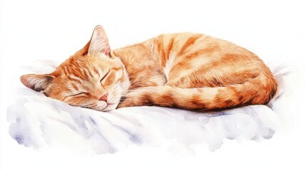 Aufkleber - A peaceful orange tabby cat curled up soundly asleep on a soft white bedspread during a sunny afternoon. Generative AI