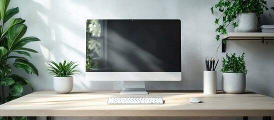 Sticker - Modern workspace with a computer, potted plants, and a white keyboard on a wooden desk.