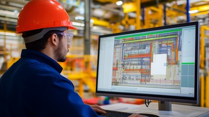 Poster - engineer working in a manufacturing facility, analyzing technical designs on a computer screen durin