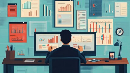 Poster - Man Analyzing Data on Computer Monitors in an Office