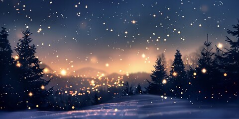 Sticker - Silhouette of a snow-covered landscape with twinkling lights.