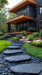 Poster - A large house with a black stone walkway leading up to it