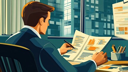 Poster - A Businessman Reviews Financial Data in His Office