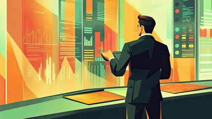 Poster - A Businessman Analyzing Data on a Wall of Screens