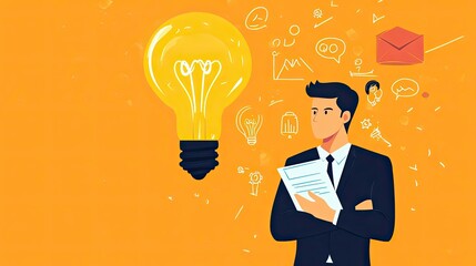 Poster - Businessman with arms crossed holding a document, with a large lightbulb and various icons in the background