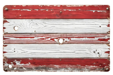 A weathered red and white wooden sign, isolated on a transparent or white background.