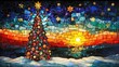 © kardaska - Colorful stained glass showing christmas tree on snowy coast at sunset