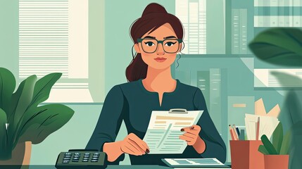Poster - A woman in glasses reviewing documents at her office desk