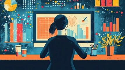 Poster - Woman working at a desk with data visualizations on a computer screen.