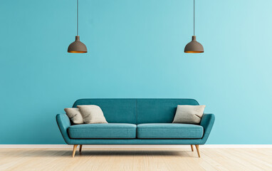 A modern turquoise sofa with cushions under stylish pendant lights in a cozy living room featuring a vibrant blue wall